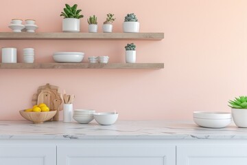 Modern minimalist kitchen with pastel pink walls, white marble countertop, floating shelves with dishware, and indoor plants.