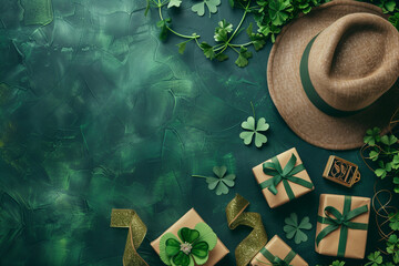 Saint Patrick Day green background with hat, shamrock clover and accessories with gifts top view. Festive greeting card
