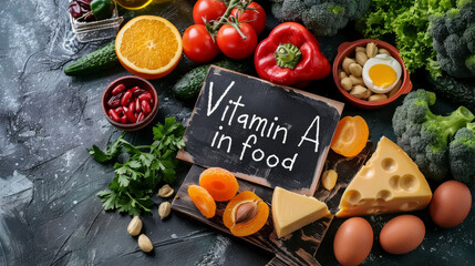 Vitamin A in variety of fresh fruits and vegetables. - obrazy, fototapety, plakaty