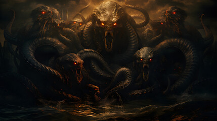 The Lernaean Hydra: Brutal Serpent Beast from Greek Mythology Unleashed - obrazy, fototapety, plakaty