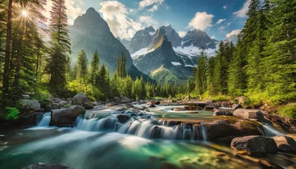 Fotobehang The tranquil atmosphere of nature with lush green forests, proud mountain silhouettes, and the cool waters of waterfalls © StockMarketTR