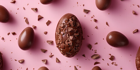 Composition with delicious Chocolate Easter egg filled with chocolate ganache Yummy Broken chocolate praline candies tasty whole and broken chocolate eggs with candies on pink background, closeup.