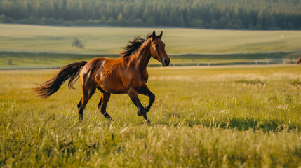 A chestnut horse gallops across the spring floor, through huge puddles. Animals concept.