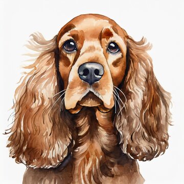 Watercolor illustration of pure breed Cocker Spaniel dog. Colorful painting of domestic animal