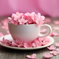 Fototapeta na wymiar A cup with a heart shape that holds a flower within in pink mood