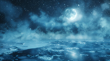 Breathtaking night landscape, frozen cracked ice, starry sky. Reflection of bright moonlight on ice. Nature concept.