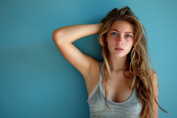 Fototapeta premium Young Woman Pondering against Blue Background 
