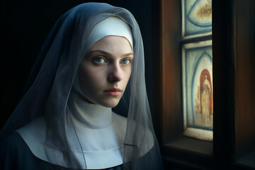 Generated with AI image of young catholic nun praying in church - obrazy, fototapety, plakaty