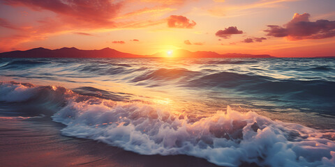 sunrise over the sea, Beautiful sunrise sunset beach resort wave, Vibrant sunrise over calm ocean waves, Generative AI