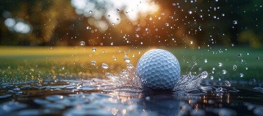A dynamic moment of a golf ball creating a splash on the water hazard of a golf course