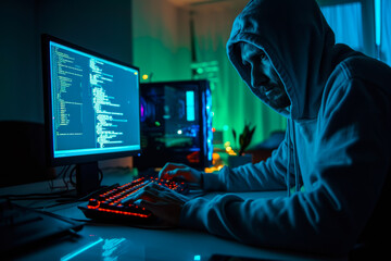 Fototapeta na wymiar Person in Hooded Sweatshirt Typing on Keyboard