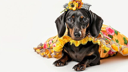 Dachshund vestido de princesa, cachorro da realiza  - obrazy, fototapety, plakaty