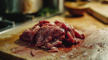 Close-up of fresh marinated meat with herbs and spices on a wooden serving board. Food concept.