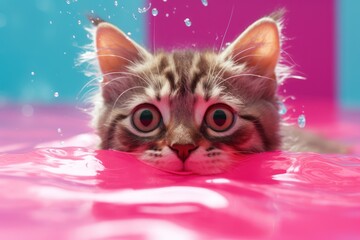 The kitty swimming in the pink swimming pool