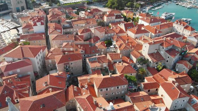 Aerial view of Budva, old and modern city on Adriatic Sea coast. Center of Montenegrin tourism and popular sea resort.