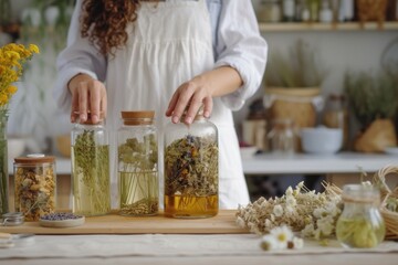 A woman preparing herbal infusions in glass jars surrounded by colorful flowers and herbs in a modern apothecary setting.