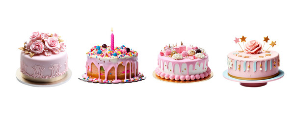 Set od beautiful Birthday cake isolated on transparent background. - obrazy, fototapety, plakaty