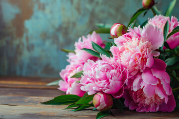 Pink Peonies on Wooden Table
