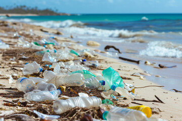 Polluted Beach Filled With Plastic Bottles and Debris