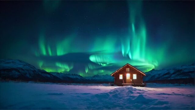 Northern lights above house. It's snowing, blizzard, starry night, bright stars 