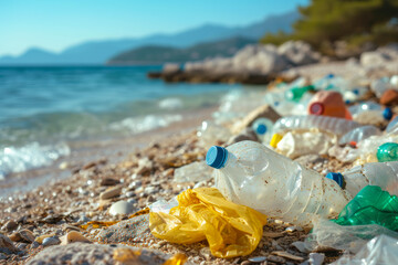 Polluted Beach With Plastic Bottles and Trash