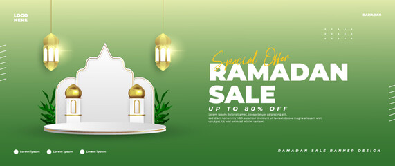 Green Ramadan sale banner design with podium and lantern elements