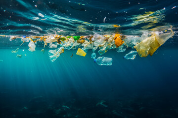 Fototapeta na wymiar Group of Garbage Floating in the Ocean