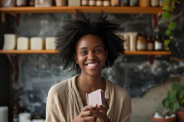 Joyful African American woman holding a handmade lavender soap bar in a cozy plant-filled room