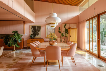 Fototapeta premium Mid-century modern dining room interior with iconic furniture designs.