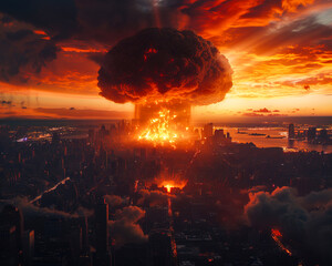 A nuclear explosion in the center of the big city. Concept of third world war. Apocalypse now
