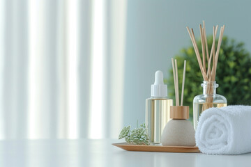 Aromatherapy setup with diffuser, rolled towels, and flowers on a serene, sunlit background.