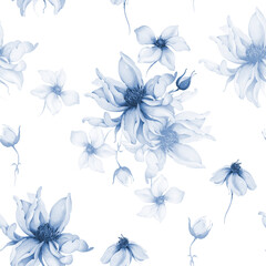 Seamless pattern with spring flowers in indigo tones - 745988689