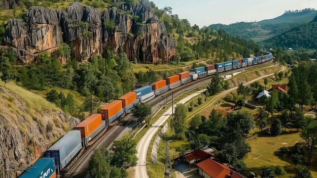 aerial view of a train loaded with containers 
