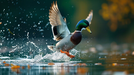 Duck taking off from a lake, surrounded by splashes