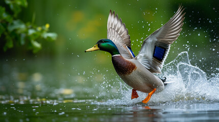 Duck taking off from a lake, surrounded by splashes