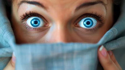 Poster Im Rahmen A woman with blue eyes peeking out of a sheet, AI © Alexandr