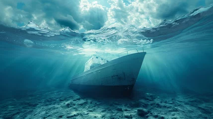 Tuinposter Schipbreuk A boat is underwater in the ocean with sunlight shining through, AI