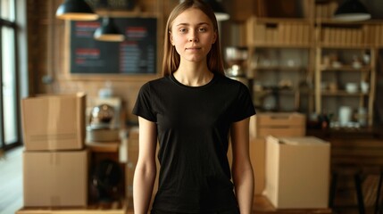 black blank mockup of a t-shirt bella - canvas 3001 with female model, cafe background 