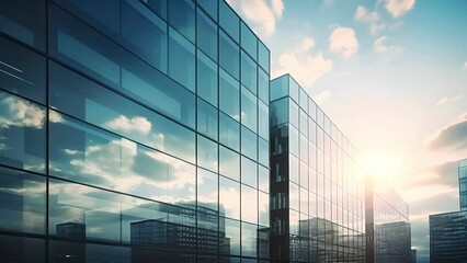 office building or business center.window buildings made of glass reflect the clouds and the sunset. empty street outside  wall modernity civilization, commercial, skyscraper, architecture