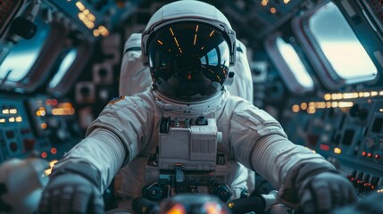A man in a spacesuit sitting inside of an airplane, AI