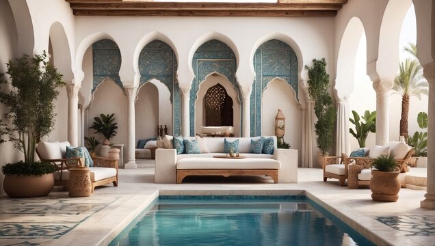 "Poolside Oasis with Moroccan Tiles and Lush Garden: Architectural and Interior Design Photography"