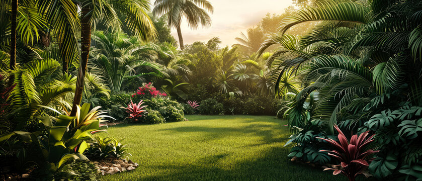 Jungle background. Tropical park or garden with walkway, green exotical plants, palm, branches, flowers. Rain forest wallpaper. Nature landscape. Generative ai.