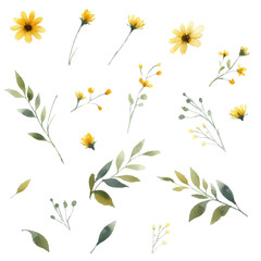 Yellow and green elegant floral watercolor vector pack