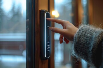 Embracing Modern Security A Close-Up of a Woman’s Finger Skillfully Entering a Password on a Smart Digital Touch Screen Keypad Door Lock - obrazy, fototapety, plakaty