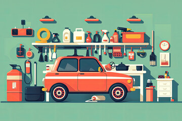Flat design illustration of Car wash station. Cleaning the engine and car body. Transport is clean on all sides. Comprehensive washing and cleaning of the car wash.