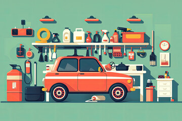Fototapeta premium Flat design illustration of Car wash station. Cleaning the engine and car body. Transport is clean on all sides. Comprehensive washing and cleaning of the car wash.