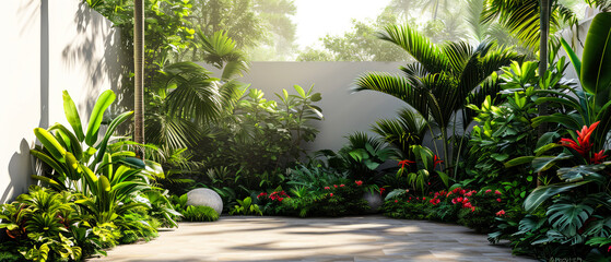 Jungle mock up. Tropical forest with exotical plants, palm, branches, flowers. Rain forest wallpaper. Nature landscape. Generative ai.
