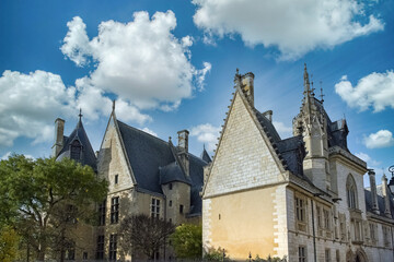 Naklejka premium Bourges, medieval city in France, old houses in the historic center, with the cathedral in background 