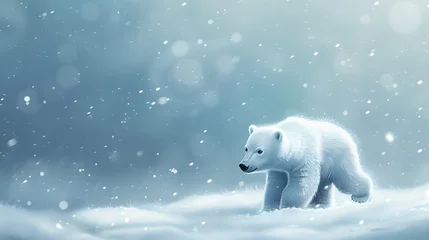 Foto op Canvas Cute little polar bear cartoon walking in the snow field. © Phaigraphic