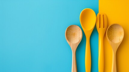 A yellow spoon, fork and knife on a blue-and-yellow background, AI